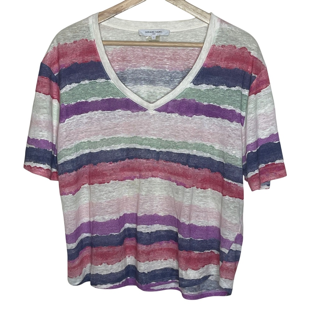 Gerard Darel Paris Striped Linen V-Neck T-Shirt Top Tee Bohemian Multicolor